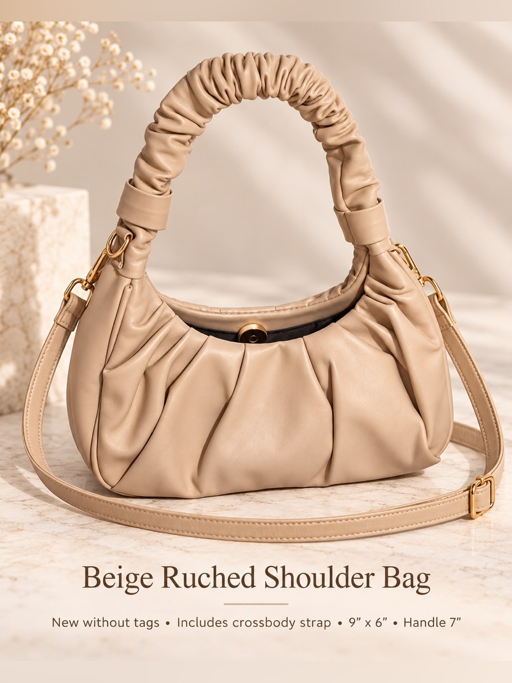 Beige Ruched Shoulder Bag with Crossbody Strap 9x6” NEW WITHOUT TAGS